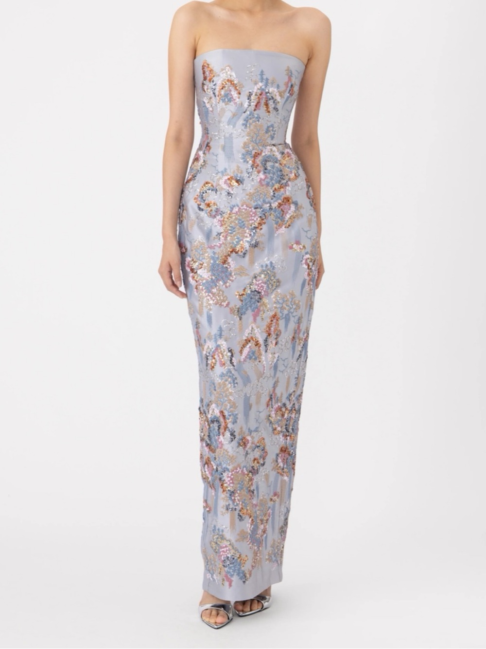 Sau Lee Isla Dress- Embroidered Light Blue Maxi Dress with Sequin Detail - Picture 2 of 5